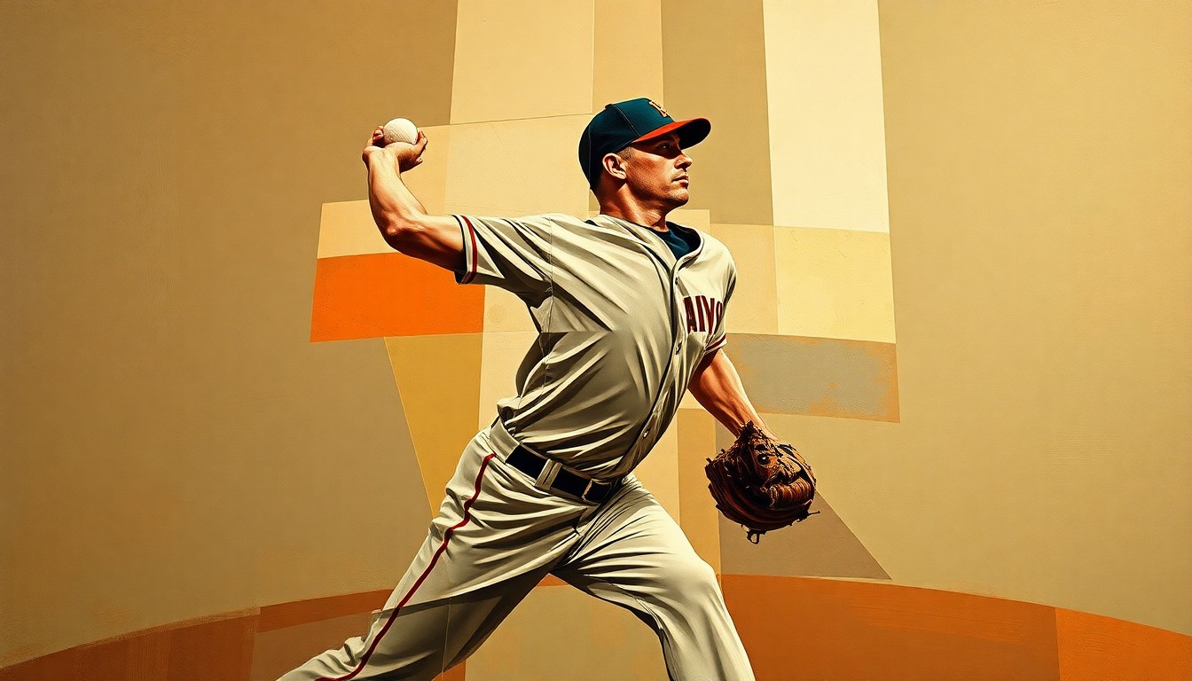 A cubist, geometric painting depicting a baseball pitcher's throwing motion broken down into fragmented, overlapping planes of muted earth tones, conveying the disruption caused by Pivetta's injury to the Padres' pitching staff.