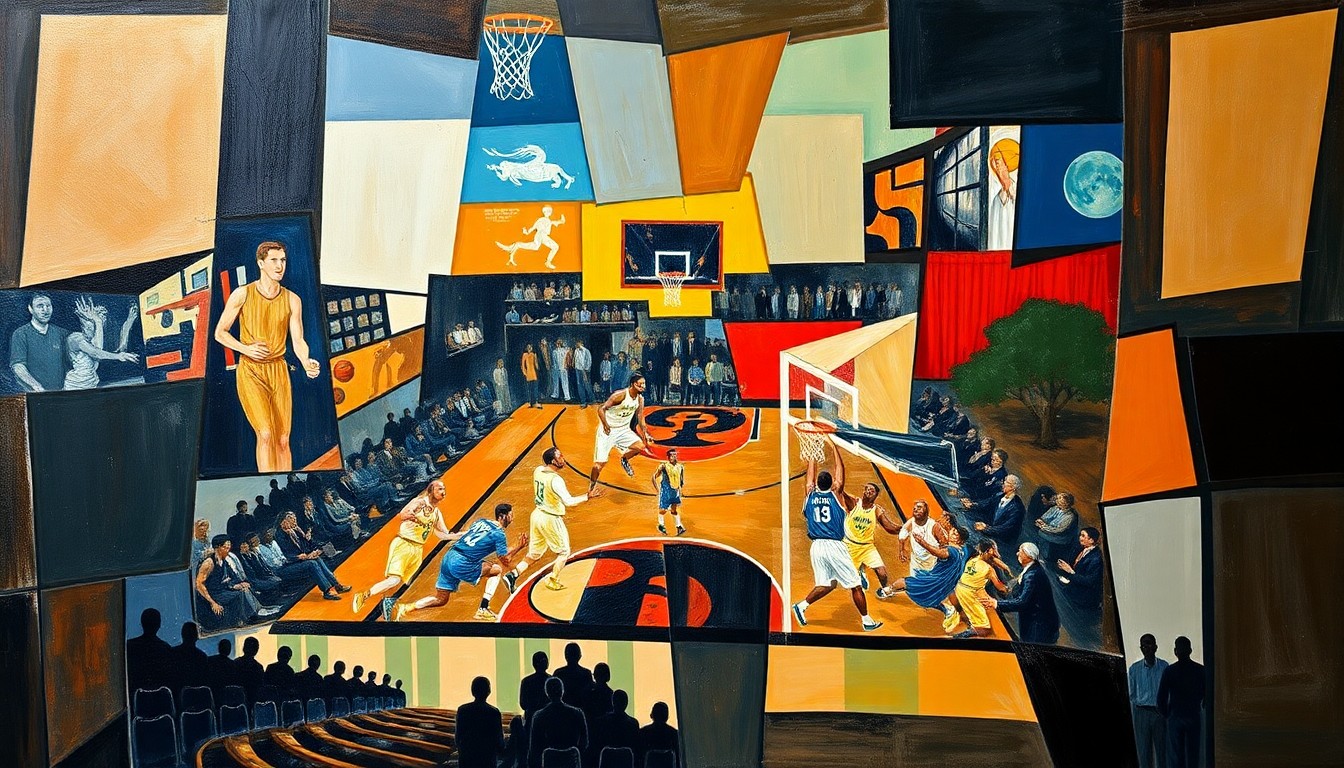 A cubist, geometric painting depicting a basketball game or match, with overlapping planes of color and shape representing the dynamic action on the court.