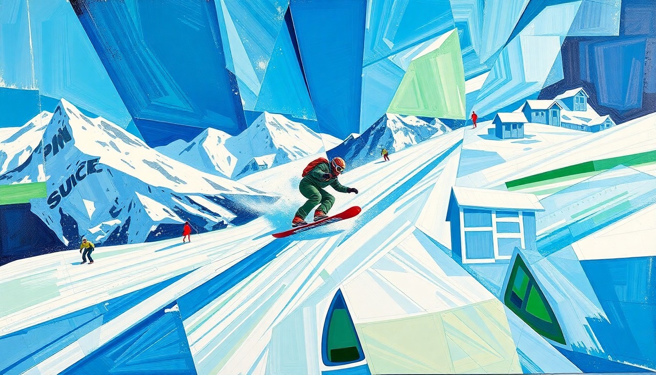 A cubist, geometric painting depicting a fragmented snowboarding scene, with sharp, overlapping planes of color representing the dynamic motion and energy of the sport.