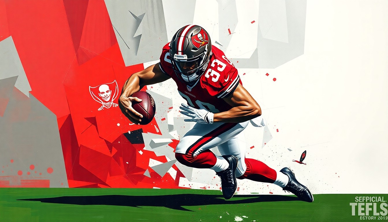 A cubist, geometric painting depicting a football player in the midst of making a tackle, with the player's body broken down into overlapping planes of red, pewter, and white.