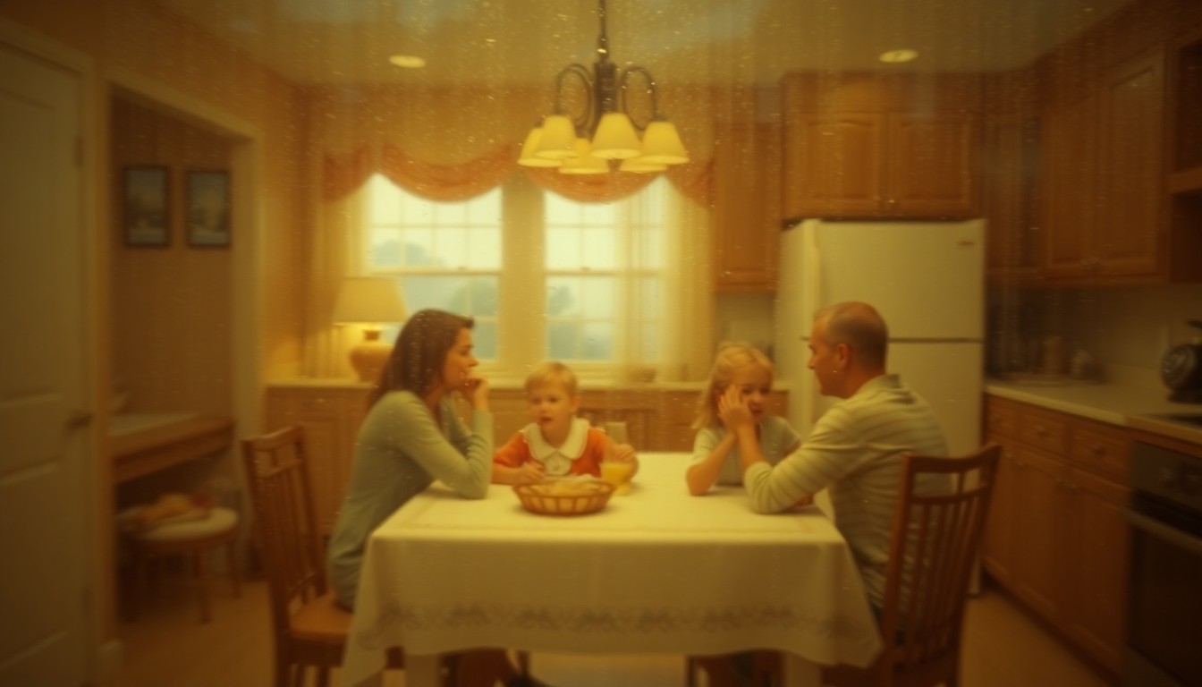 An abstract, out-of-focus scene depicting a family gathered around a kitchen table, with soft, warm-toned colors and a sense of melancholy, representing the complex aftermath of the Baby Jessica rescue story.