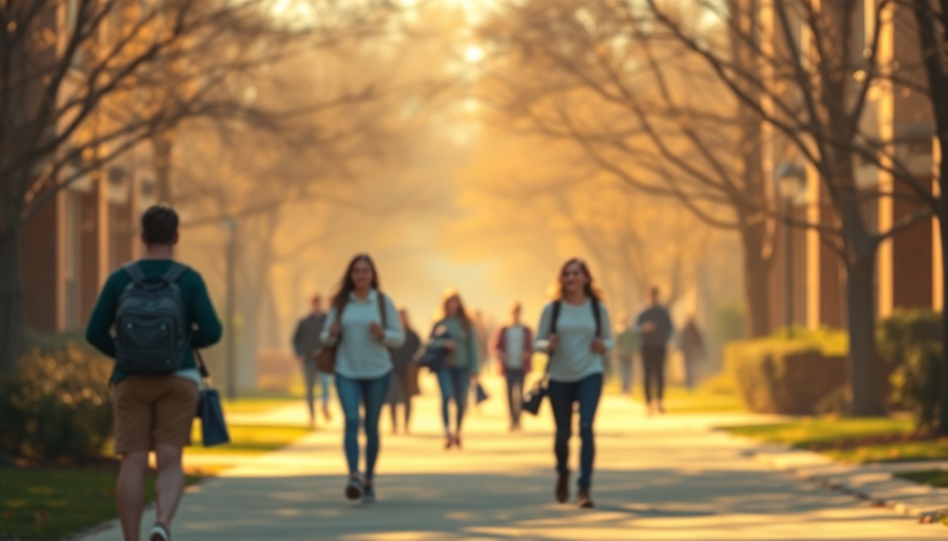 An abstract, impressionistic scene of students walking on a blurred community college campus, with warm, soft pools of light and color creating a dreamlike, atmospheric quality.
