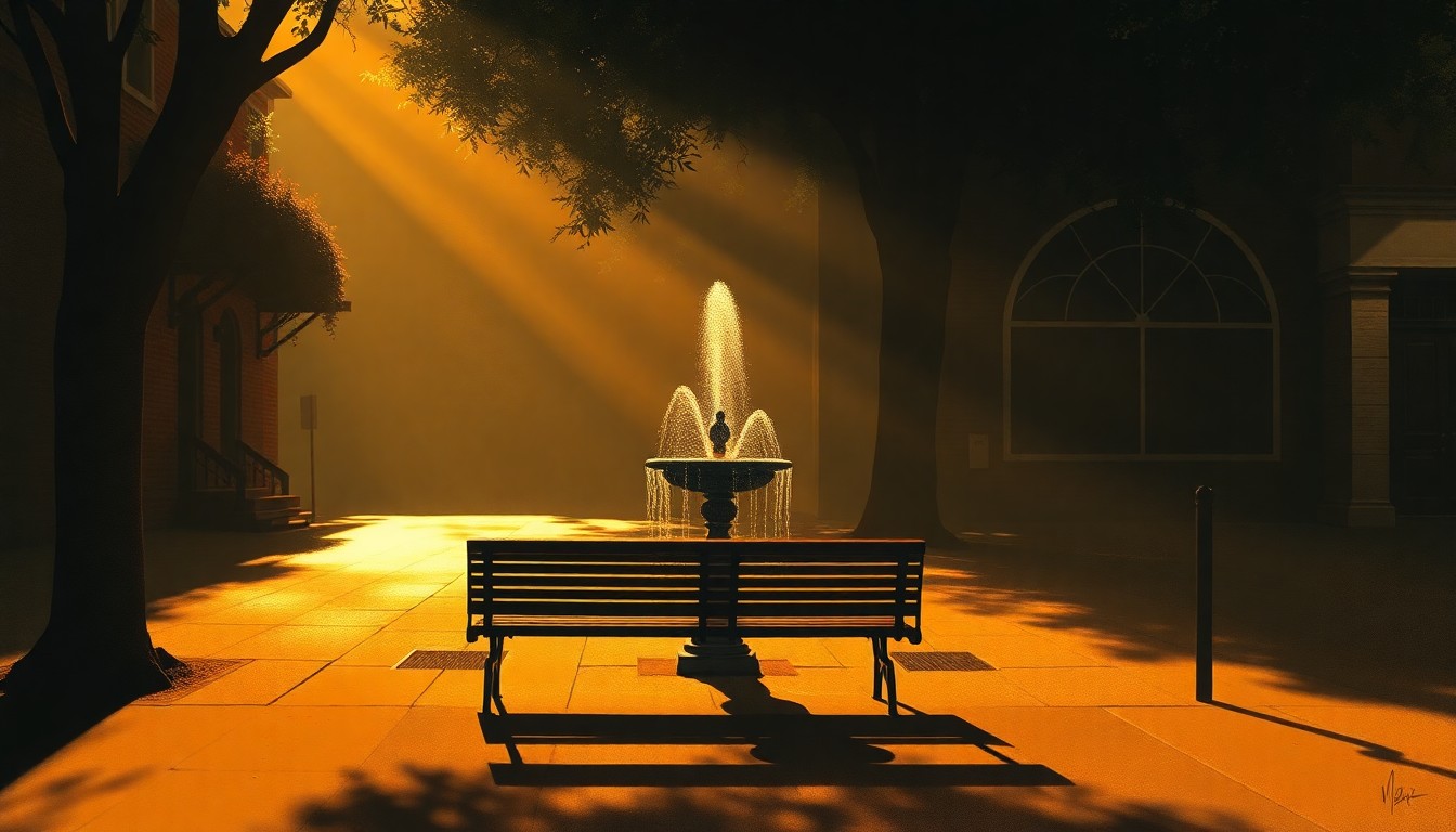 A tranquil outdoor scene in muted earth tones, with a lone park bench or fountain bathed in soft, angled light, conceptually representing a place of remembrance and reflection.