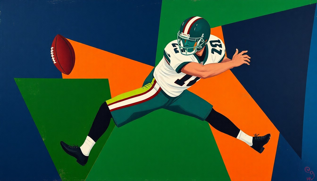 A fragmented, multi-perspective painting depicting a cornerback's movements and defensive skills, broken down into sharp, overlapping geometric shapes in a palette of navy, green, and orange, conceptually representing the athletic prowess of prospect Treydan Stukes.