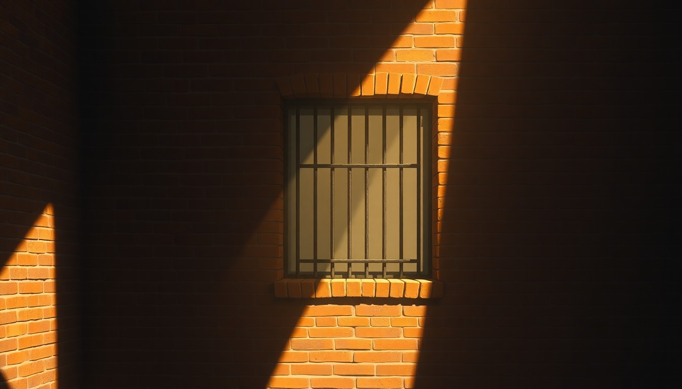 A photorealistic painting of a single barred window on an old brick jail building, the sunlight casting long shadows across the worn facade, conveying a sense of quiet melancholy and the need for criminal justice reform.