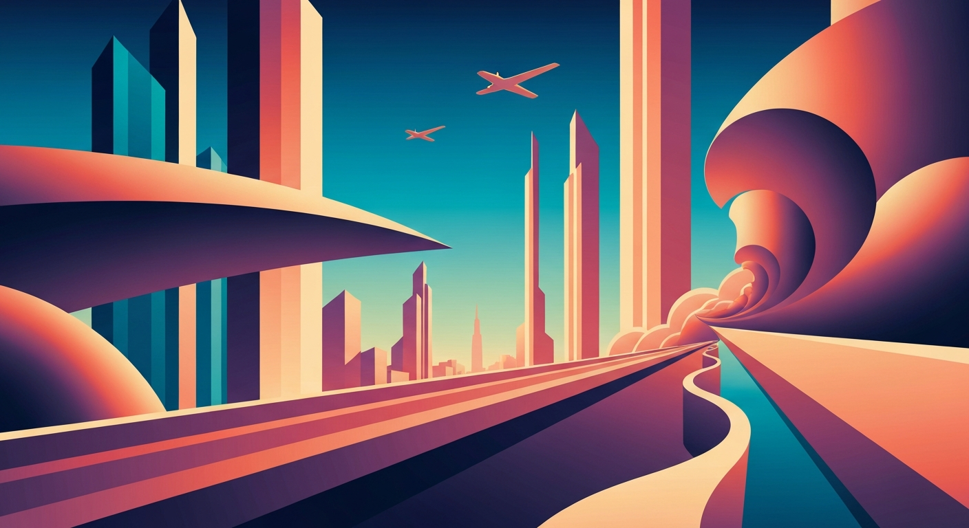 A bold, geometric illustration in the Art Deco style, featuring sweeping gradients and towering architectural forms, conceptually representing the challenges of international travel amid regional tensions.