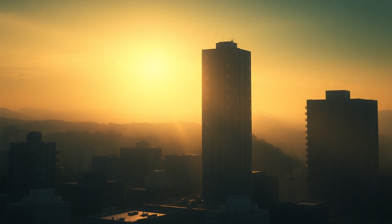 A serene, cinematic painting of a towering luxury apartment building in New York City, with warm sunlight casting long shadows across the facade, conveying a sense of solitude and wealth.