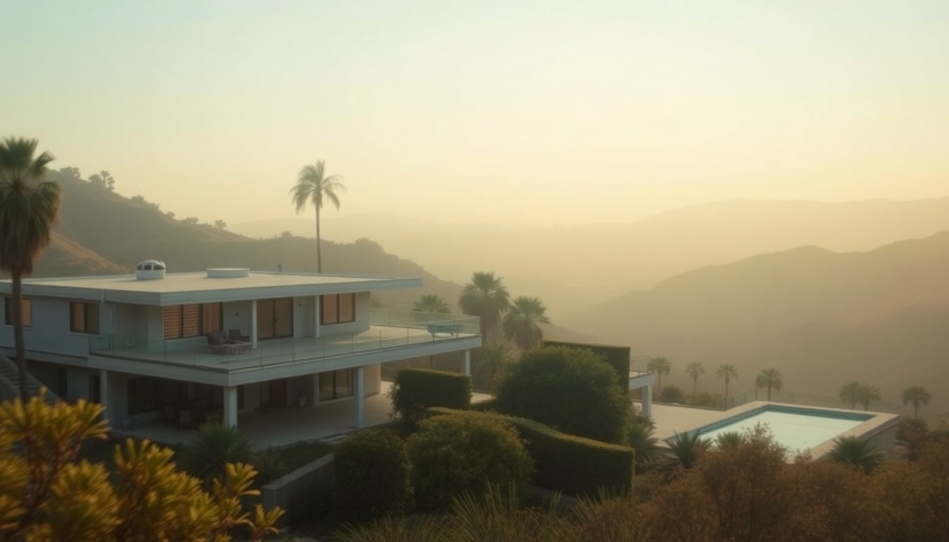 An extremely abstracted, out-of-focus photograph of a mid-century modern home with a pool and canyon views in the background, captured in soft, warm pools of light and color.