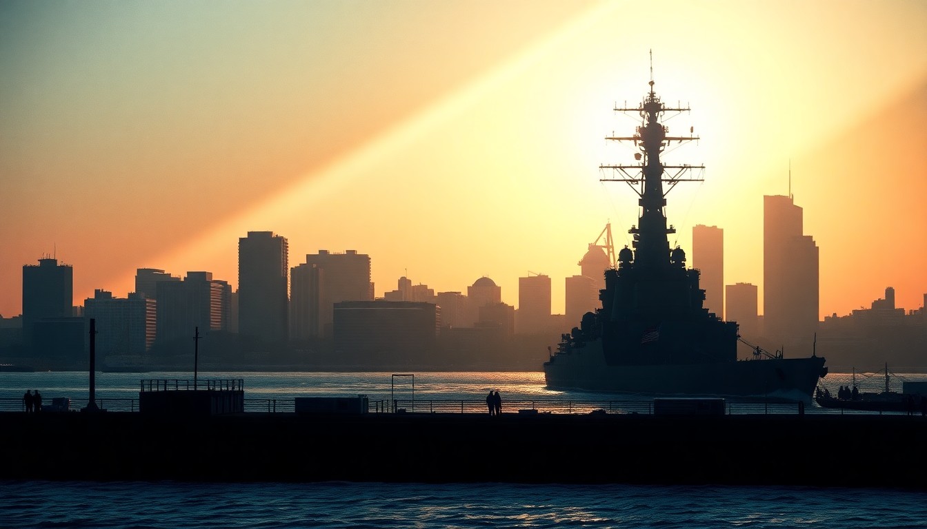A cinematic painting depicting the Norfolk skyline with the iconic Battleship Wisconsin in the foreground, bathed in warm, diagonal sunlight and deep shadows, capturing the city's maritime heritage and modern development.
