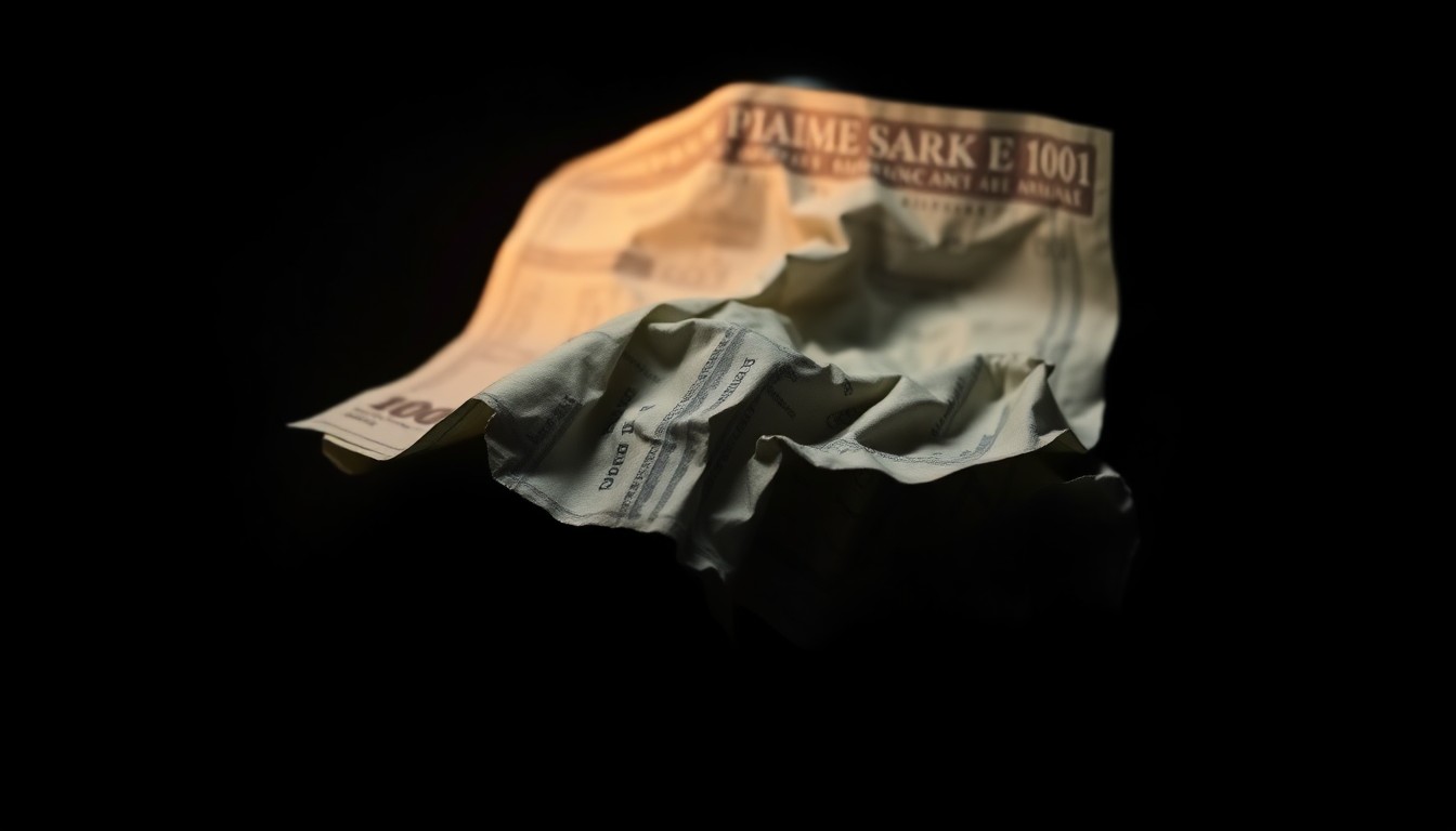 An extreme close-up of a crumpled financial document, its edges and creases sharply illuminated by a harsh camera flash, conveying a sense of investigative intensity and financial impropriety.