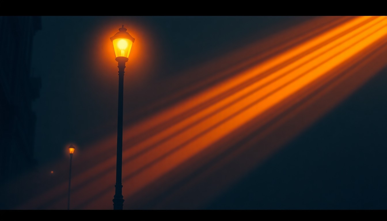 A serene, cinematic painting of a single city street lamp post in warm, golden sunlight and deep shadows, conveying a contemplative mood about the criminal justice system.