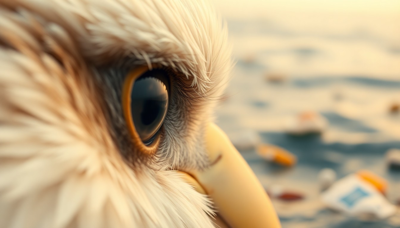 An abstract, impressionistic photograph in soft, warm tones depicting a close-up view of a bald eagle's eye, surrounded by a blurred background of ocean waves and plastic debris, conceptually representing the environmental impact of plastic waste.