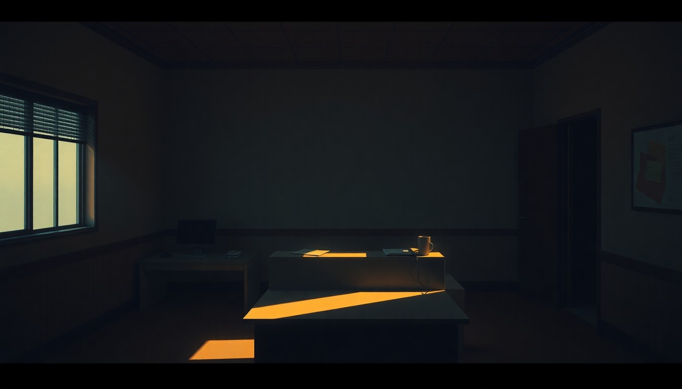 A solitary city hall office desk sits in warm, diagonal sunlight, evoking a sense of quiet contemplation over the ethical violations alleged in the Inspector General's report.