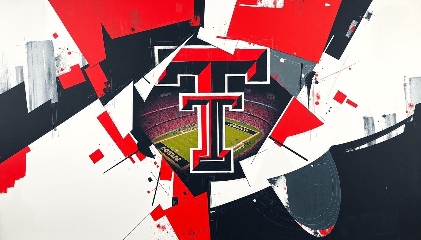 A fractured, cubist-style painting depicting a Texas Tech football game, with sharp geometric shapes and planes of vibrant red, black, and white colors representing the dynamic action on the field.