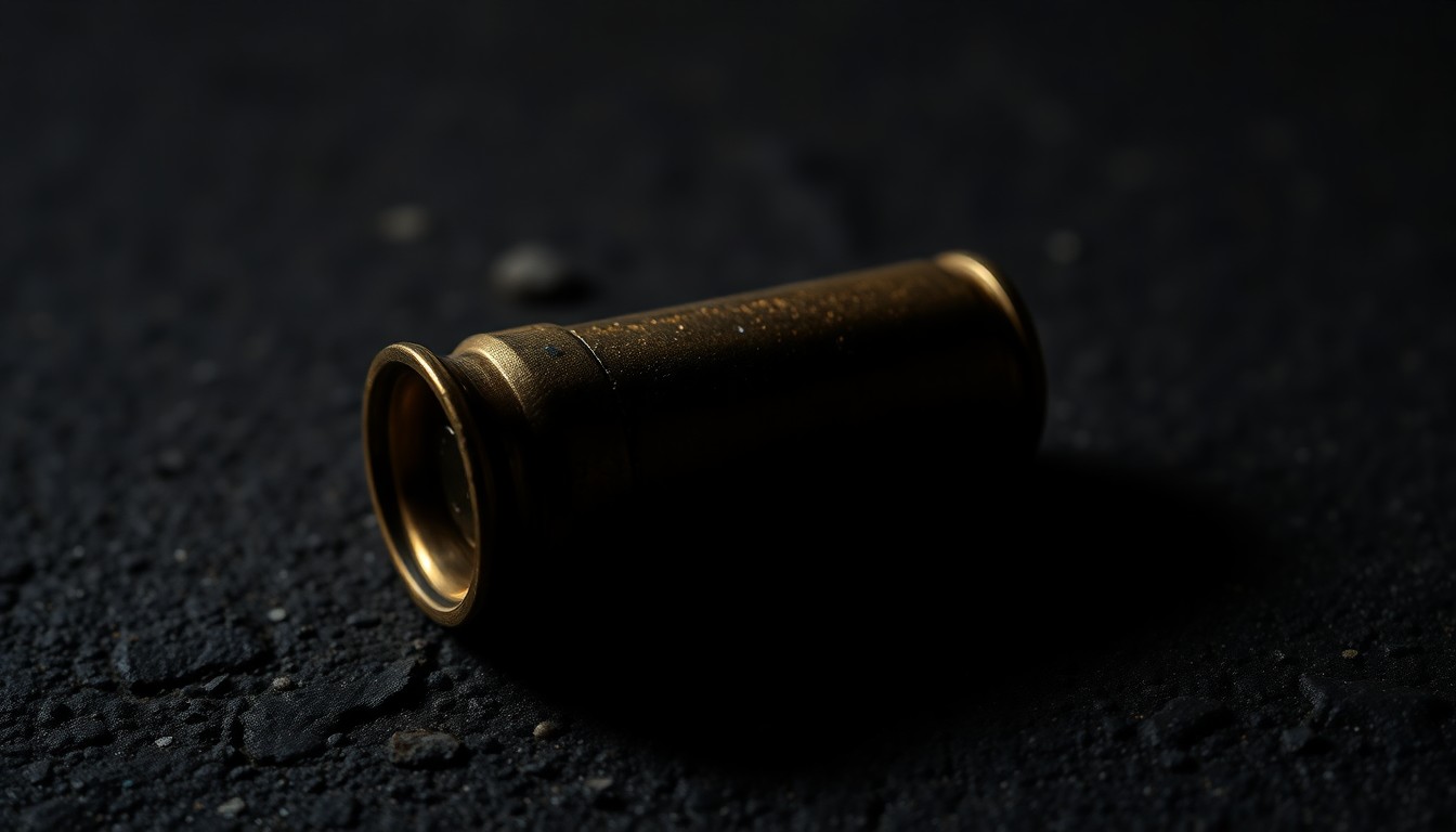 An extreme close-up photograph of a spent shell casing on a dark concrete surface, lit by a harsh, direct camera flash, conceptually representing the evidence gathered in a violent crime investigation.