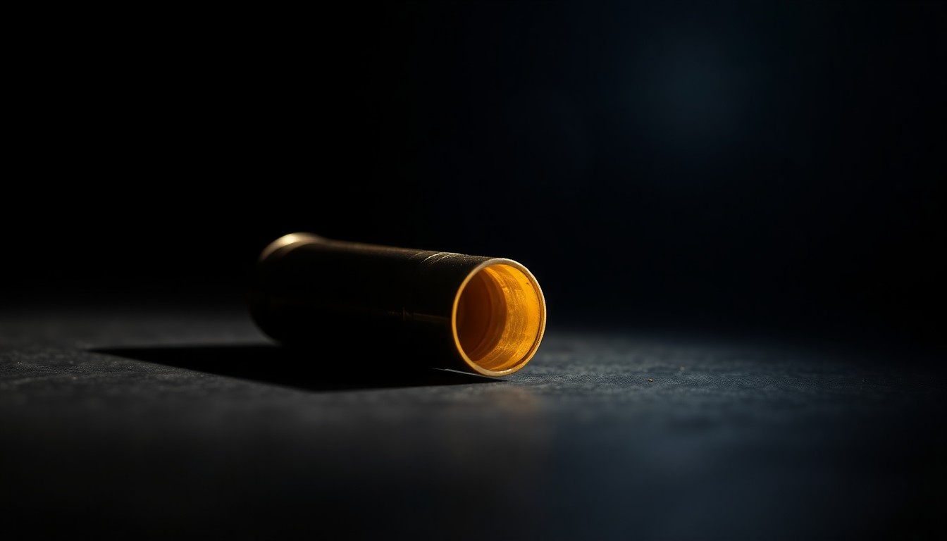 An extreme close-up photograph of a spent shell casing on a dark surface, lit by a harsh, direct camera flash, conceptually illustrating the aftermath of a shooting incident.