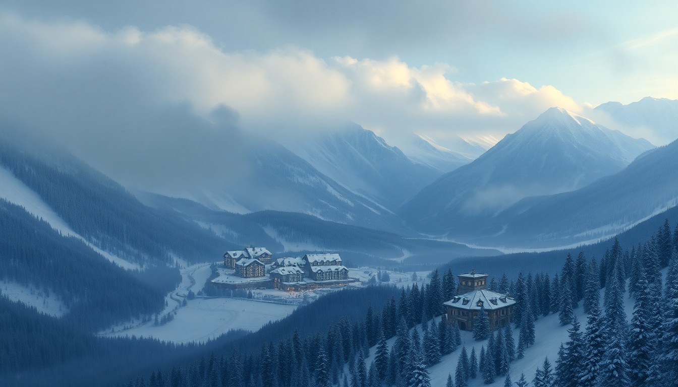 A sweeping, atmospheric landscape painting in muted tones of white, grey, and blue, depicting a snowy mountain scene with a ski resort obscured by the heavy snowfall, conveying the overwhelming scale and power of the natural environment.