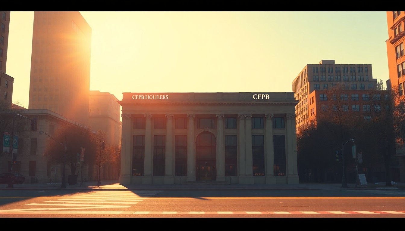 A photorealistic painting of a solitary government office building in downtown Washington, D.C. with large windows and a minimalist facade, bathed in warm, directional sunlight that casts deep shadows, conceptually representing the quiet, uncertain future of the CFPB.