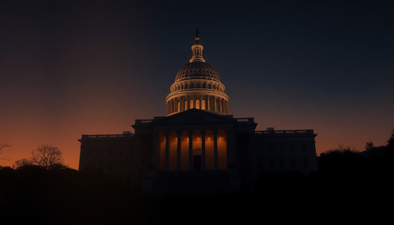 A dimly lit, cinematic painting of the U.S. Capitol building at dusk, with warm diagonal shadows cast across the facade, conveying a sense of political isolation and gridlock.
