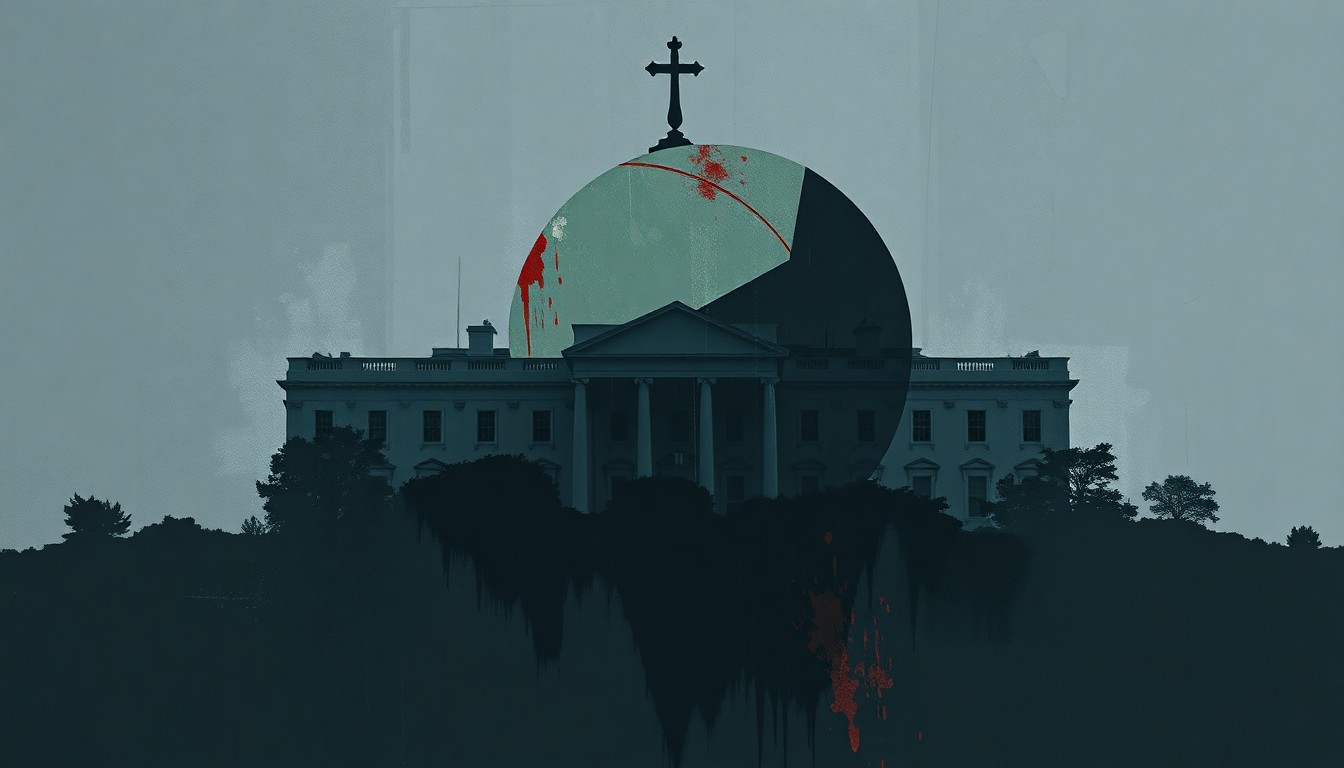 A fragmented, abstract painting depicting the silhouettes of the Pope's mitre and the White House in a palette of blues, grays, and reds, conceptually representing the political tensions between the two powerful institutions.