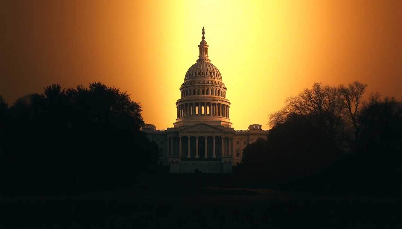 A serene, painterly depiction of the U.S. Capitol building in warm, muted tones, conveying a sense of political tension and uncertainty.
