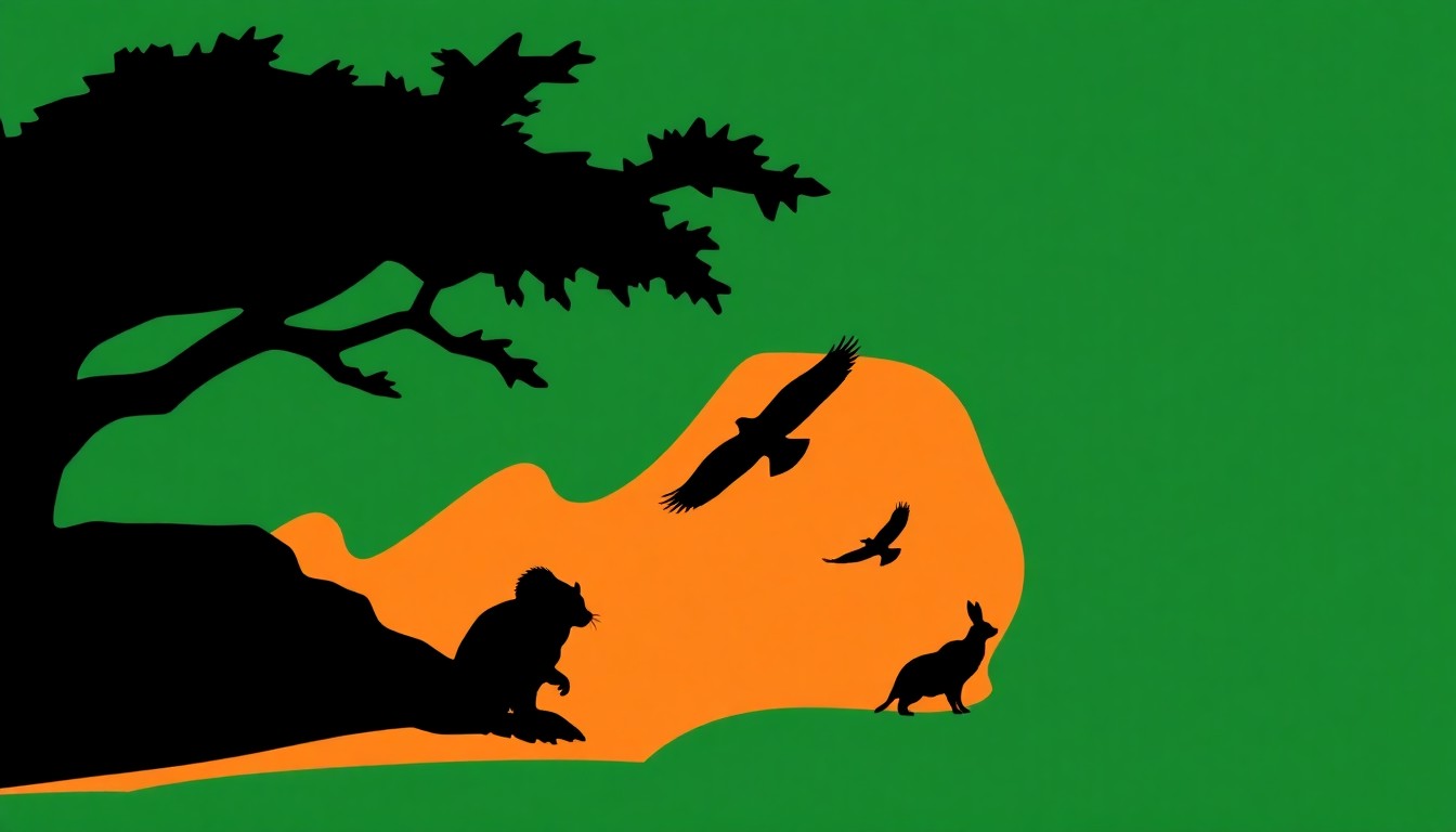 A bold, graphic composition of jagged, geometric shapes in deep green and ochre tones, abstractly representing the natural landscapes and wildlife of Northwest Florida without any text or identifiable elements.