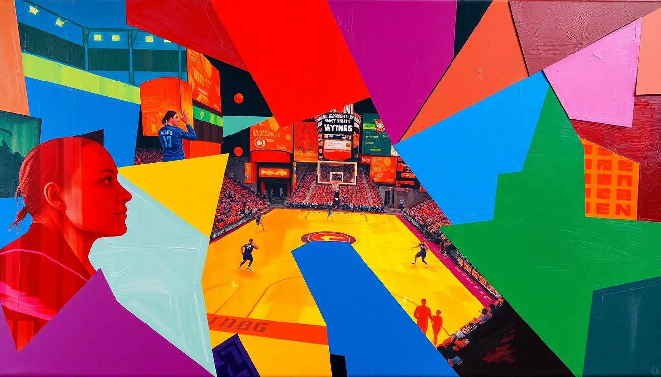 A cubist, geometric painting in bright colors representing the dynamic action of a WNBA game, conceptually illustrating the growth of women's sports media.