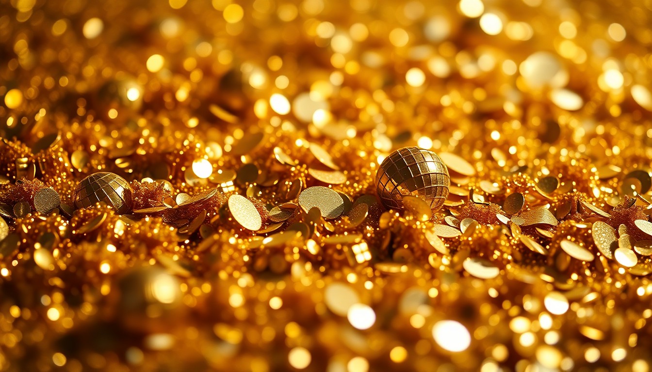 An extreme close-up of shimmering gold sequins and glittering disco ball fragments, captured in dramatic high-contrast studio lighting to create a glitzy, high-fashion aesthetic representing the glamour of the 'Baywatch' reboot.