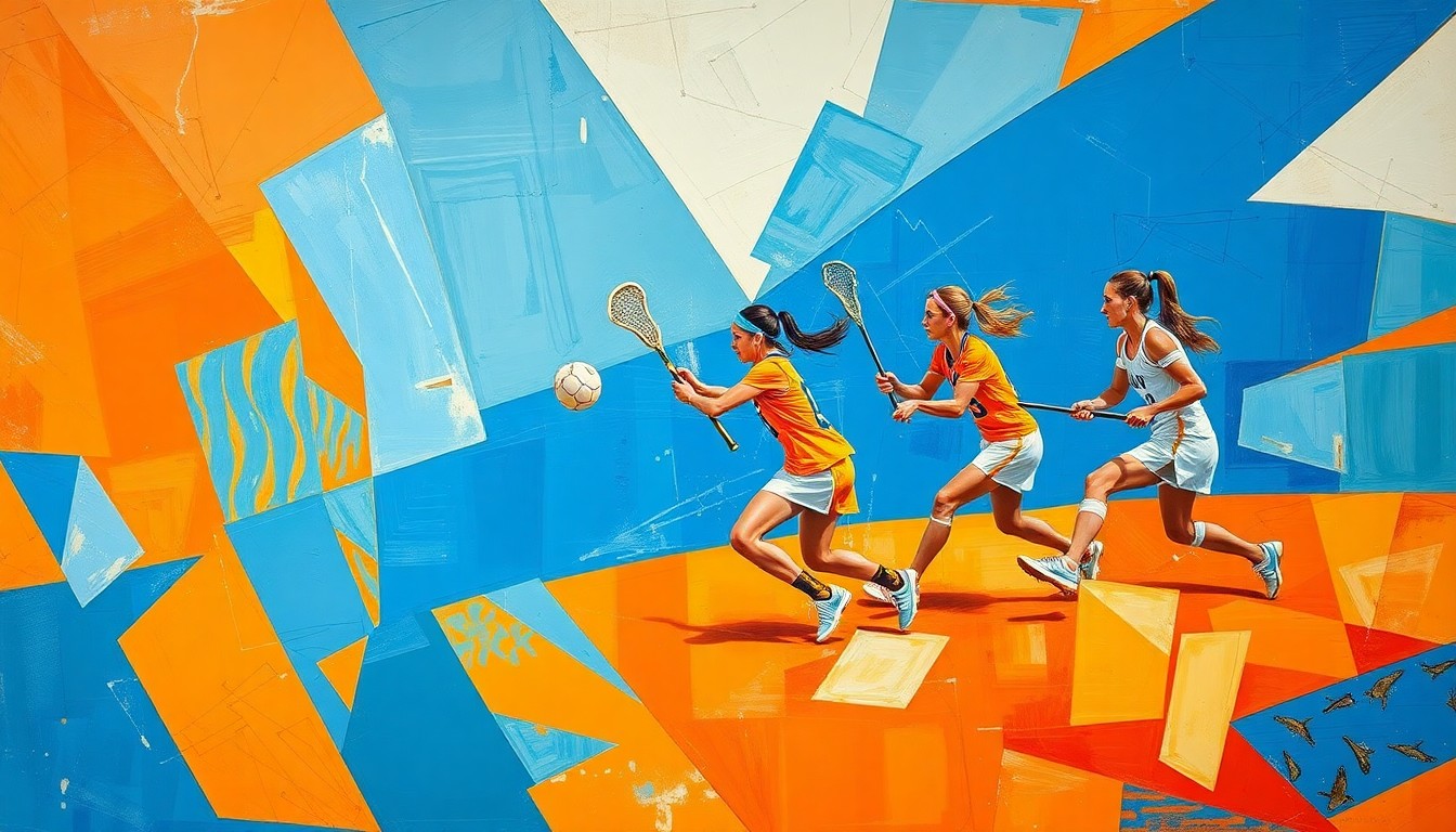 A fragmented, geometric painting depicting the dynamic movements and energy of a women's lacrosse game, with the players and ball broken down into abstract shapes and planes of vibrant orange and blue hues.