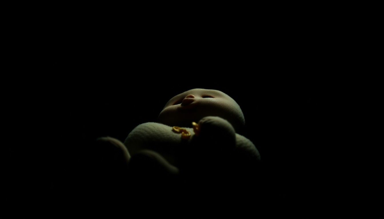 An extreme close-up photograph of a broken doll's head, the harsh lighting casting dramatic shadows and highlighting the object's worn, damaged texture, conceptually representing the trauma experienced by children wrongfully separated from their families.