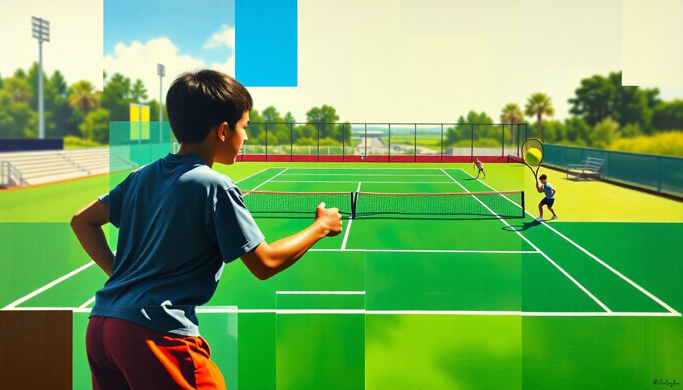 A fractured, multi-perspective painting depicting a boys tennis match, with bright green courts, white lines, and blurred player silhouettes broken down into sharp, overlapping geometric planes.