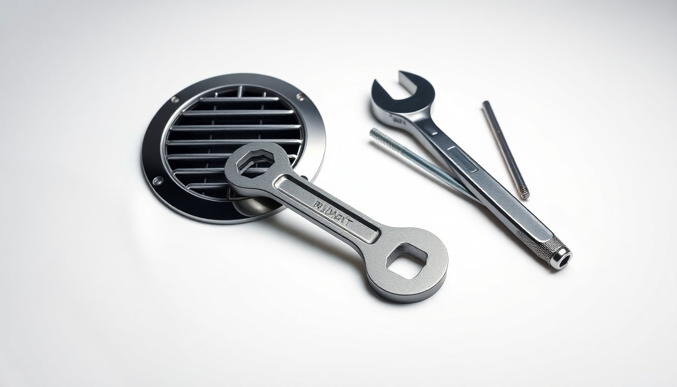 A high-end, photorealistic studio still-life photograph featuring a polished, chrome-plated HVAC vent cover, a wrench, and a screwdriver arranged elegantly on a clean, white seamless background, conceptually representing the maintenance tools and expertise behind Walmart's new Upstream Facility Services offering.