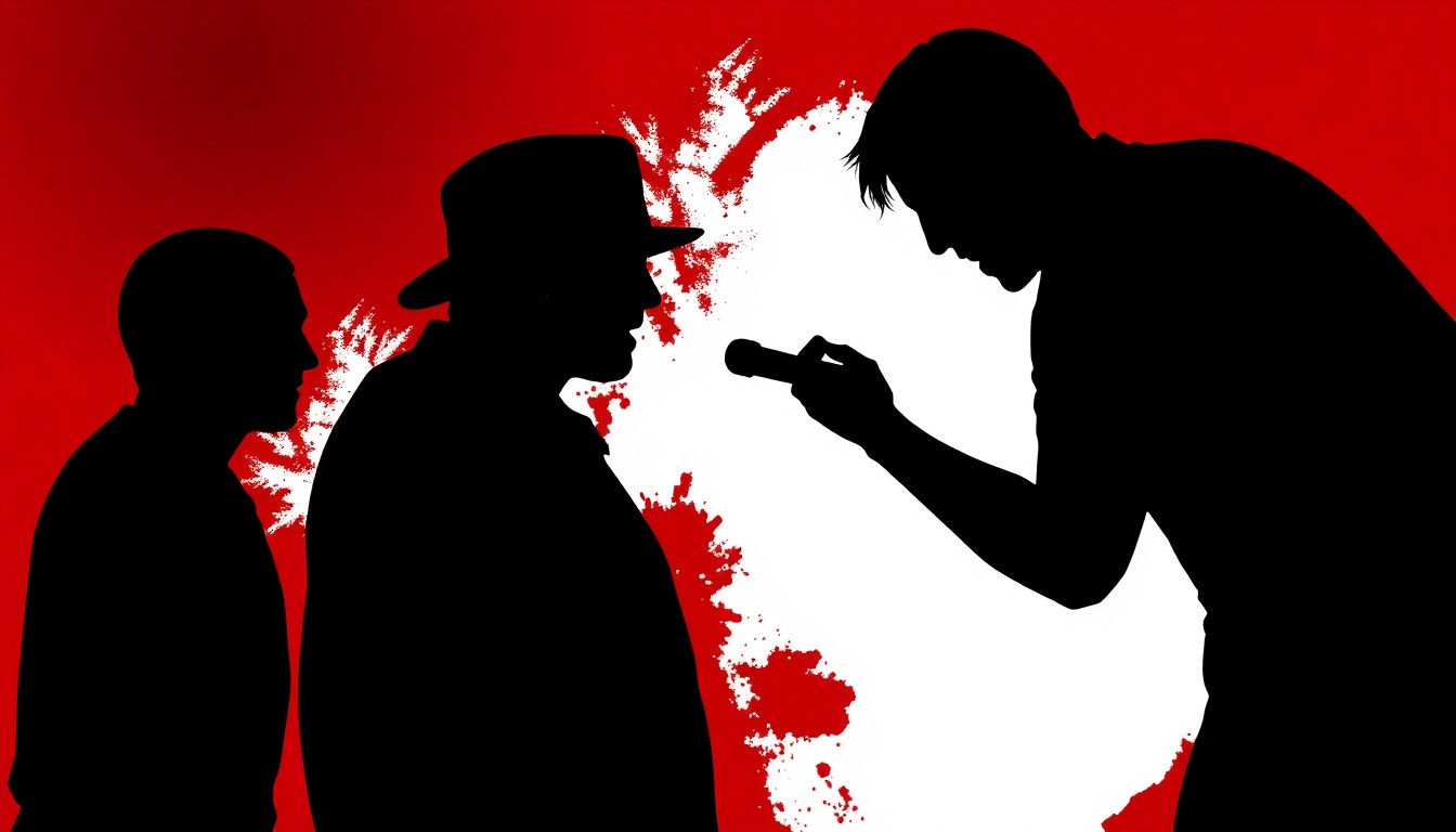 An abstract illustration featuring bold, jagged black silhouettes against a bright red background, conceptually representing the high-stakes conflict of a major lawsuit in the live entertainment industry.