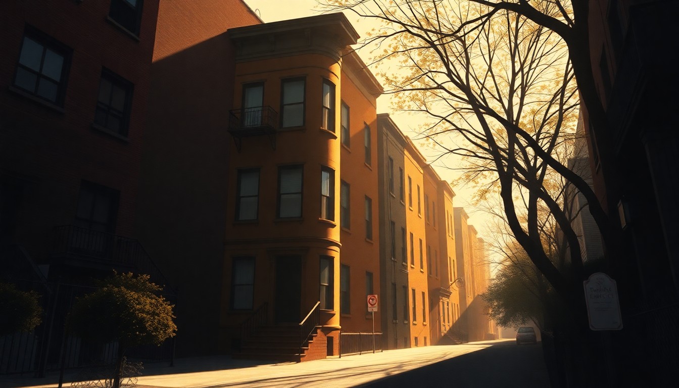 A serene, nostalgic painting of a historic brownstone building in New York City's Greenwich Village, bathed in warm, golden light and deep shadows, capturing the essence of the neighborhood's character that Greitzer fought to preserve.