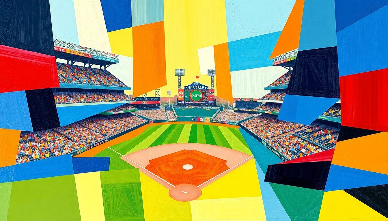 A cubist, geometric painting depicting a Midwest League baseball game, with sharp, overlapping planes of color representing the dynamic action on the field.