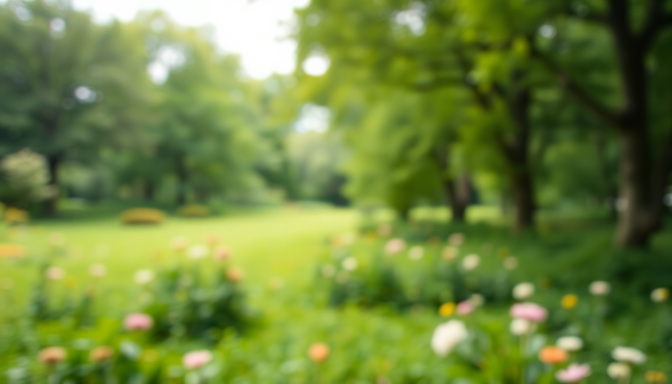 An extremely abstracted, out-of-focus photograph of a verdant park or nature preserve, with blurred shapes of trees, flowers, and other natural elements in soft pools of warm color and light, conveying a sense of tranquility and wonder.