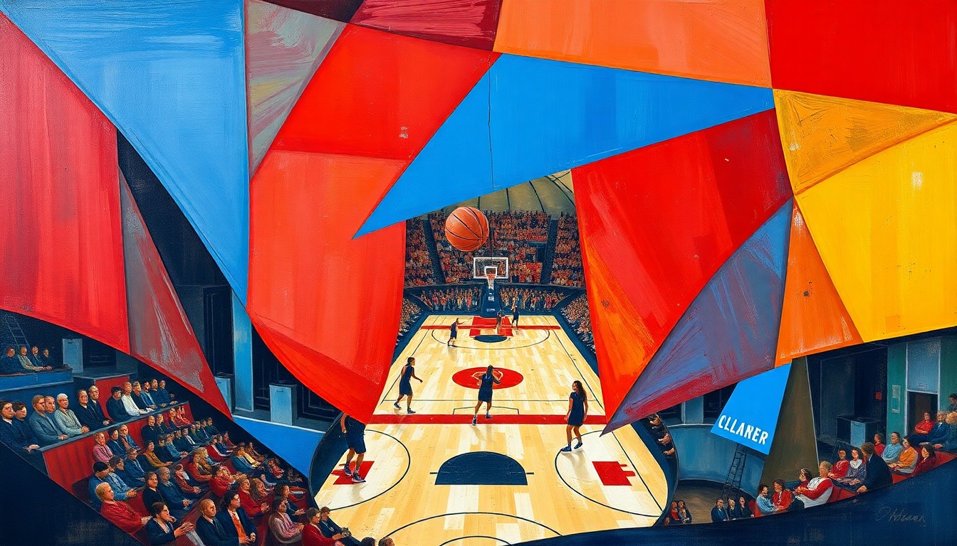 A cubist-style painting depicting the fragmented action of a women's basketball game, with sharp geometric shapes in red, blue, and gold representing the players and the court.