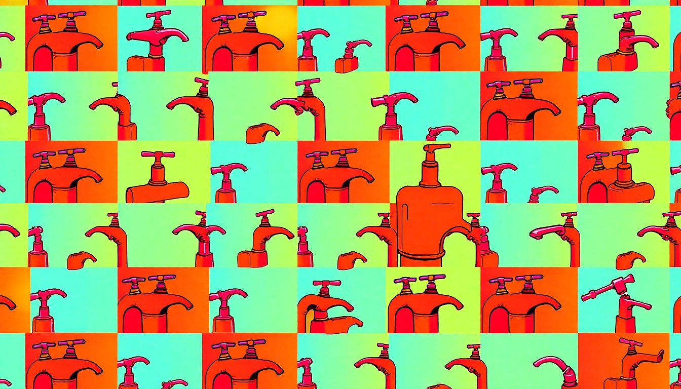 A brightly colored, high-contrast silkscreen print of a single, iconic restroom faucet repeated in a tight grid pattern, conceptually representing the modernization of plumbing hardware to balance water efficiency and performance.