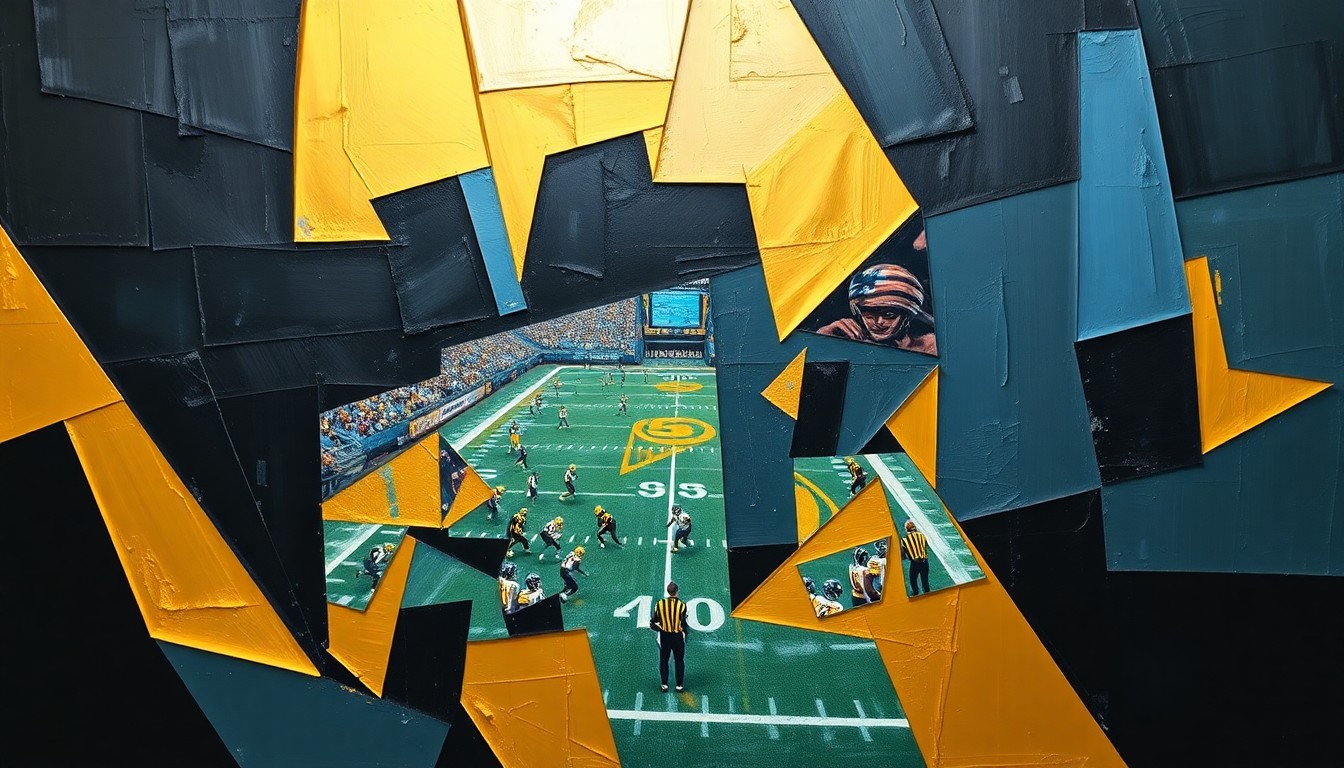 A cubist, geometric painting depicting a fragmented football scene, with sharp, overlapping planes of black, gold, and steel blue representing the strategic decisions facing the Steelers as they approach the NFL Draft.