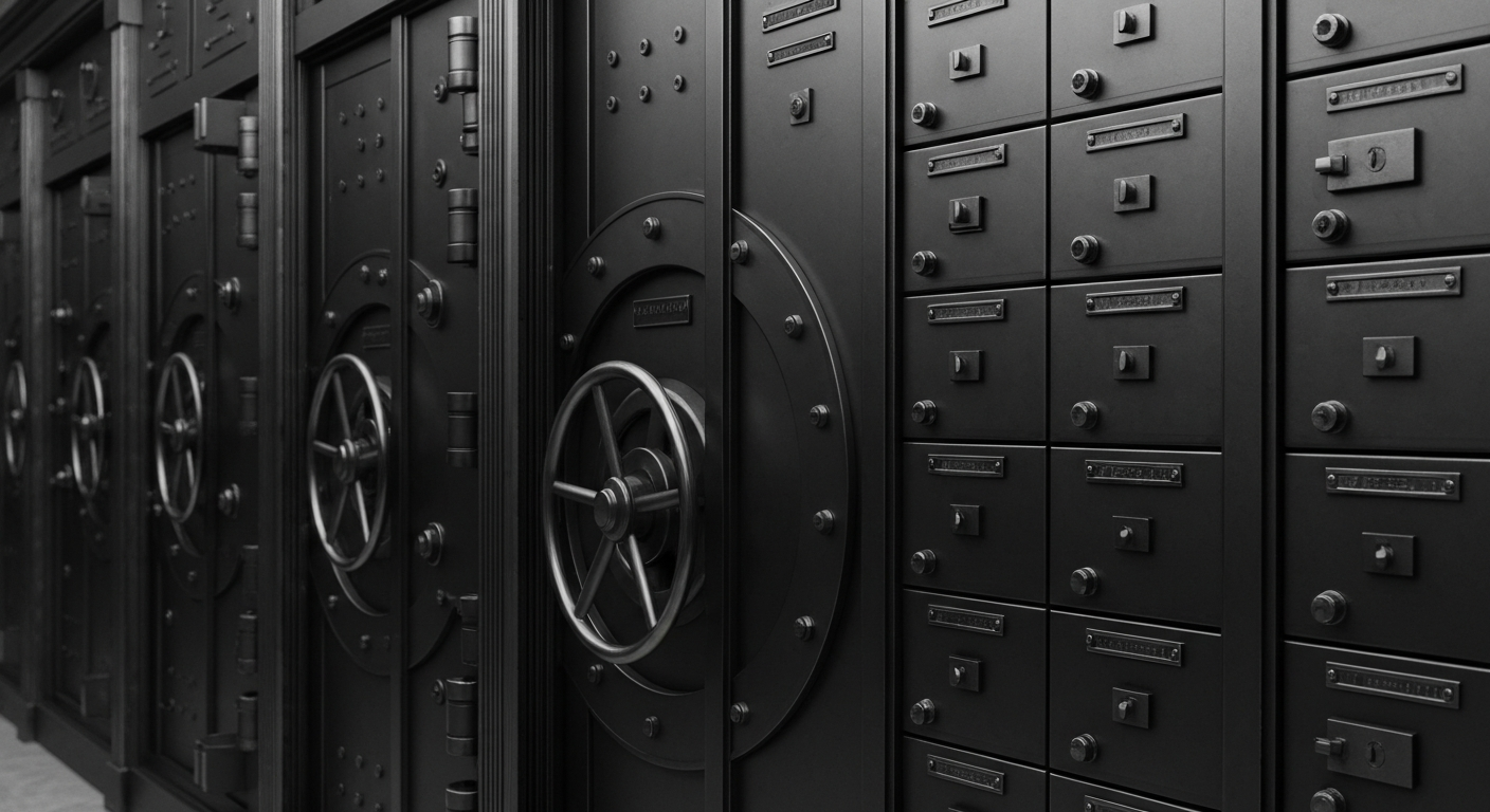 A high-contrast black-and-white photograph depicting the heavy, industrial machinery and equipment that makes up the backbone of a regional banking institution.