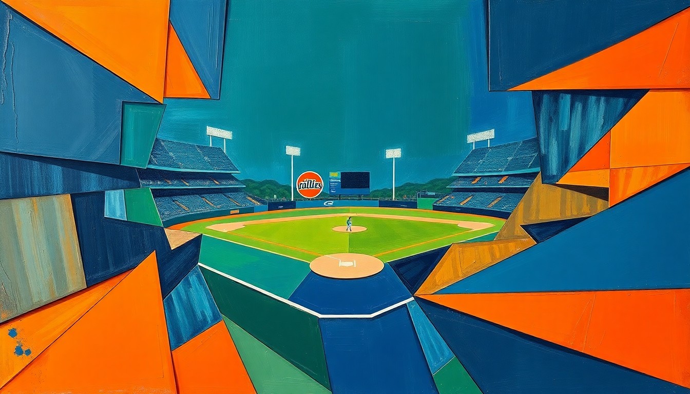 A fragmented, cubist-style painting depicting a college baseball or softball game, with the players and field broken down into sharp, overlapping geometric shapes in navy, green, and orange tones, conceptually representing the need for adaptability when weather disrupts the schedule.