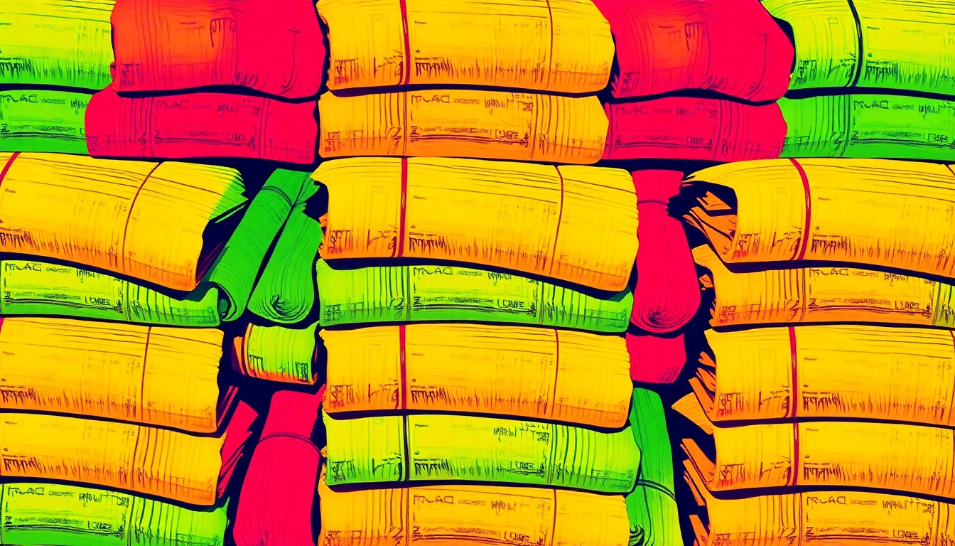 A bold, colorful silkscreen print featuring a repeating pattern of homemade tamales, conceptually representing the cultural significance of traditional Mexican cuisine in the Fiesta Topeka festival.