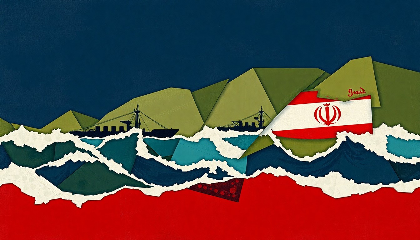 An abstract, fragmented painting depicting a naval blockade, with overlapping geometric shapes in shades of blue, green, and red, conveying the chaotic and escalating tensions between the U.S. and Iran.