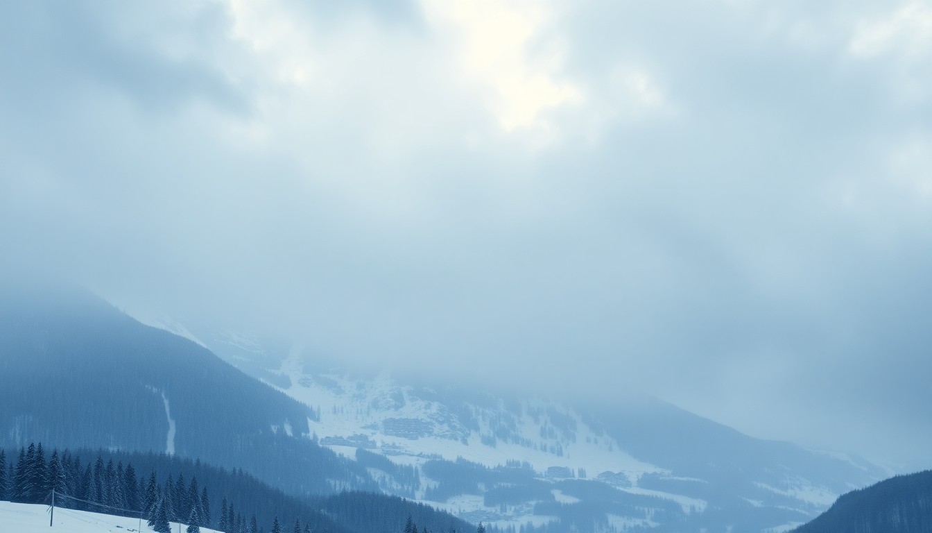 A vast, atmospheric landscape painting depicting a snow-covered mountain range obscured by heavy fog and wind, with only the faint outline of a ski resort visible in the distance, conveying the overwhelming scale and raw power of the extreme weather conditions.