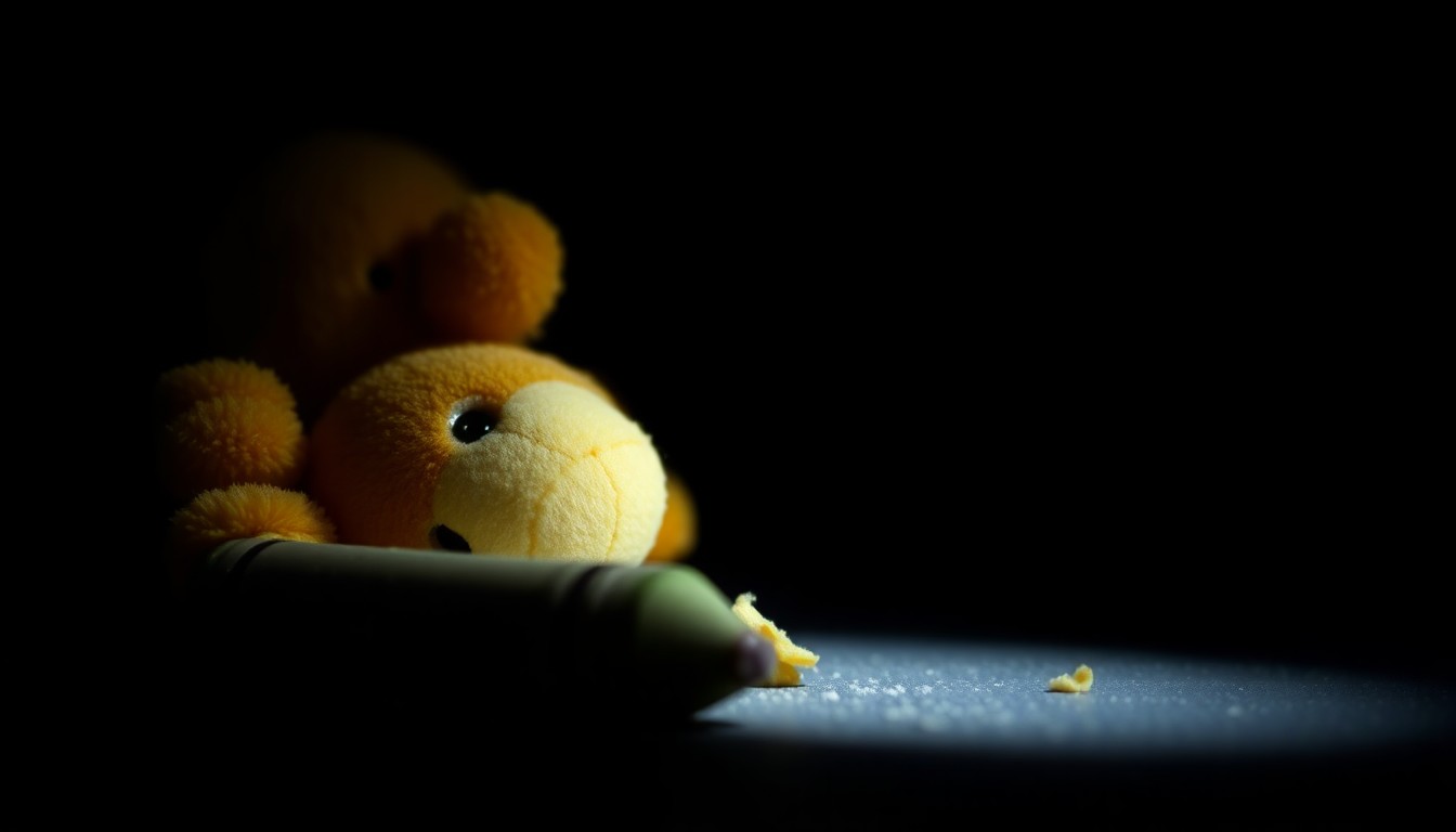 An extreme close-up photograph of a child's broken crayon, lit by a harsh, direct camera flash against a pitch-black background, conceptually representing the shattered innocence and betrayal of trust in this church scandal.