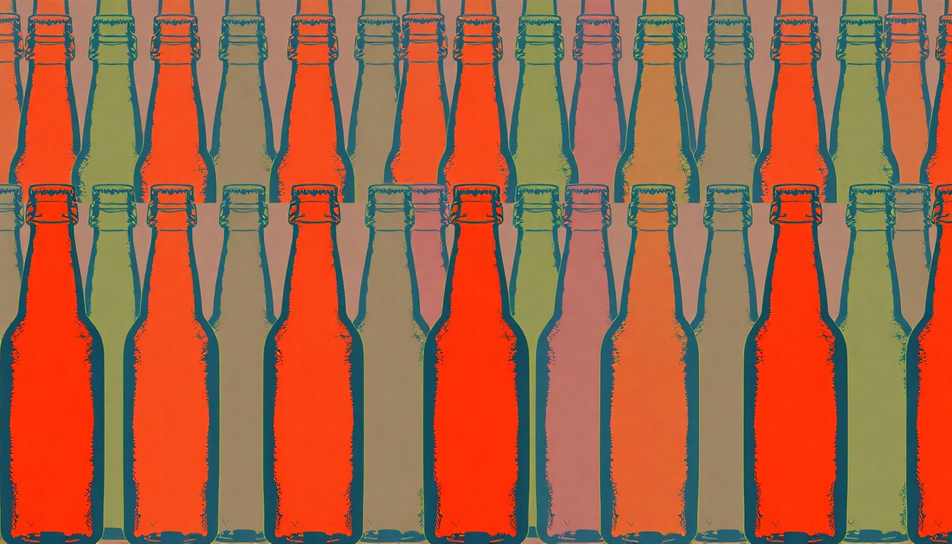 A bold, graphic silkscreen print featuring a repeated pattern of a single beer bottle in a grid, rendered in a high-contrast palette of neon colors and heavy black outlines, conceptually representing the ongoing cultural debate around alcohol consumption and regulation.