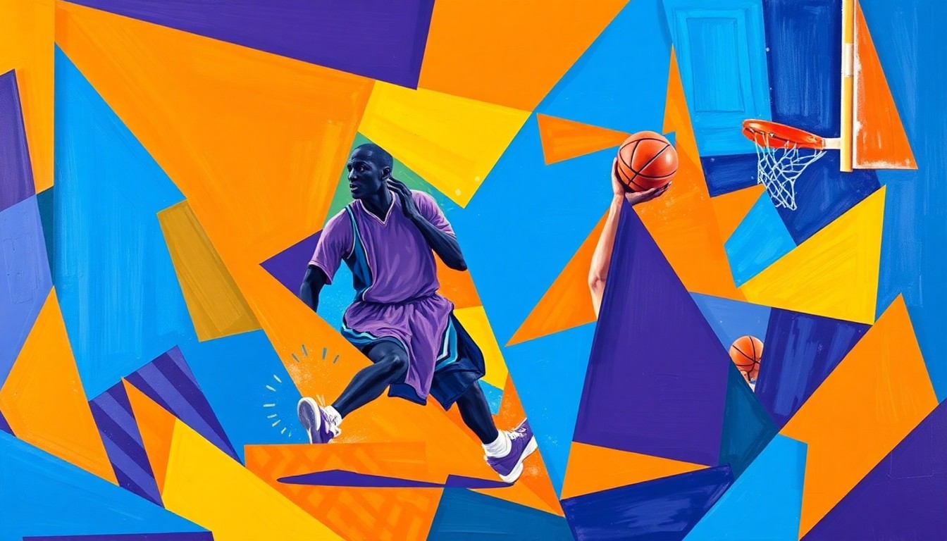 A fragmented, geometric painting in bold colors depicts the motion and intensity of a basketball player in action, conveying the competitive spirit of the upcoming Iowa State season.