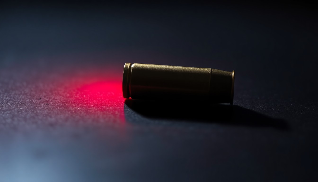 An extreme close-up of a spent shell casing on a dark surface, reflecting a faint red glow and conceptually representing the aftermath of a violent crime.
