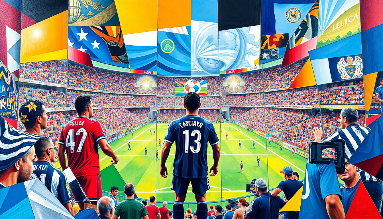 A fractured, multi-perspective painting in bold, vibrant colors depicting a Concacaf Champions Cup soccer match between two teams, with the players and stadium environment broken down into sharp, overlapping geometric shapes and planes.