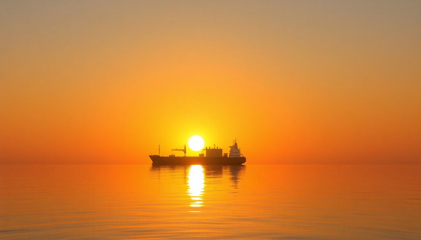 A serene, cinematic painting of an oil tanker ship silhouetted against an orange sunset sky, reflecting in the calm waters of the Strait of Hormuz. The scene has a quiet, contemplative mood, evoking the tension and uncertainty surrounding this strategic chokepoint.